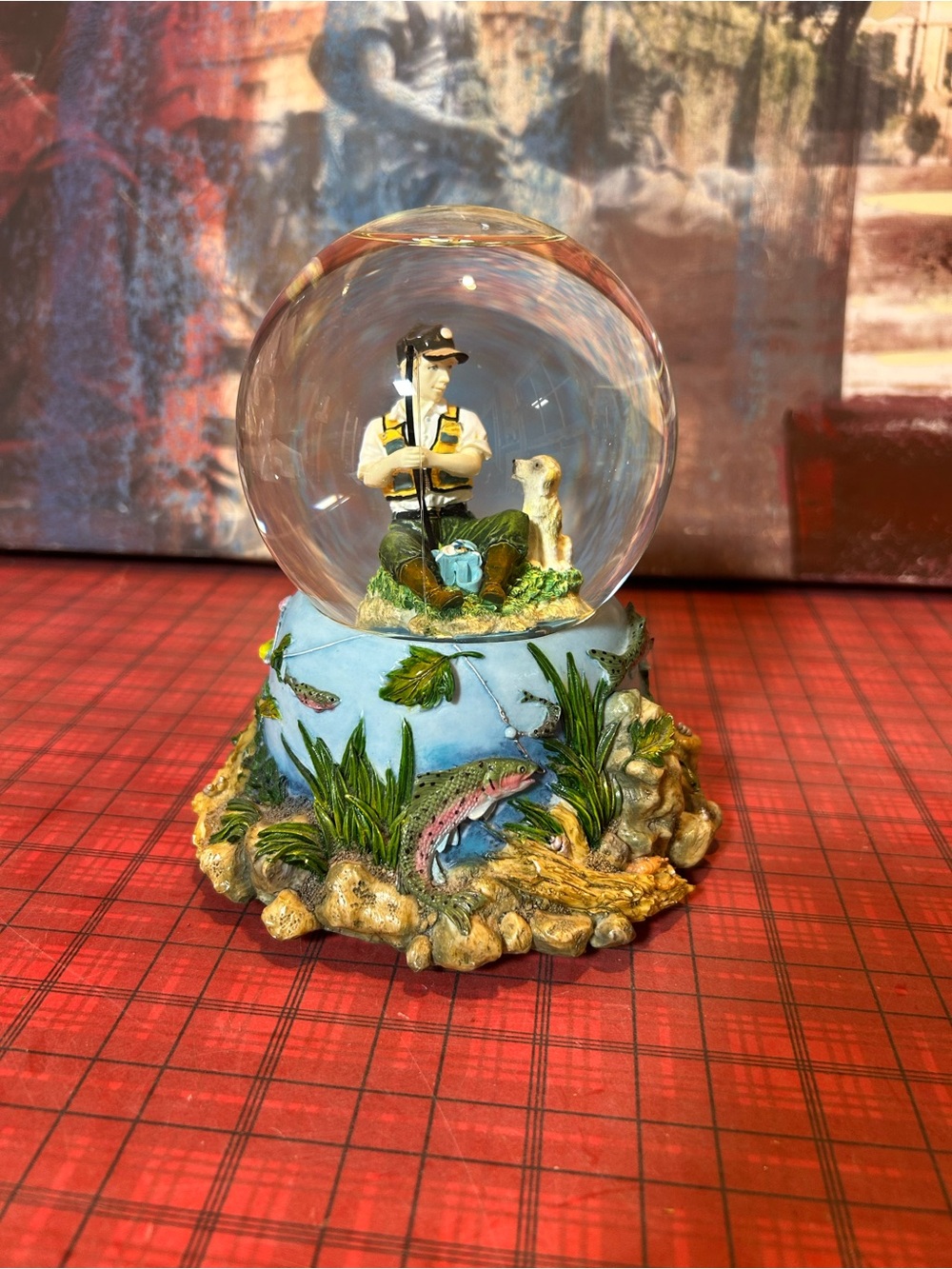 Vintage Herco man fishing with his dog Glitter Snow Globe, Music Box Textured